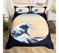 Artistic Ukiyoe Bedding Set Navy Blue Cool Duvet Cover Red White Japanese Comforter Cover Great Waves Bedspread Cover King Size Bedding Cover with 2Pillow Case