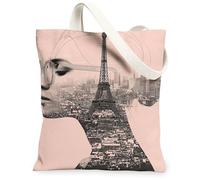 Artistic Vintage Canvas Tote Bags, Paris Tower Design Lightweight Reusable Grocery Bags, Chic Washable Shoulder Strap for T, Peach, 13x15 Inch