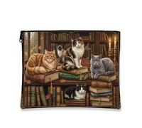 Artistic Vintage Cosmetic Bag, Adorable Cats Library Print Makeup Pouch for Women, Portable Canvas Zipper Organizer, Fall Seasonal Travel Toiletry Case, Brown, 7x9 Inch, Cats
