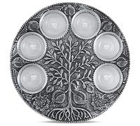 Artistic Vintage Passover Seder Plate - Engraved Pomegranate Tree of Life Design Includes 6 Glass Plates Marked with Symbolic Foods - 12.5" Metal Pesach Plate Passover Decorations By Zion Judaica
