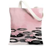 Artistic Water Lily Canvas Tote Bags, Vintage Floral Pattern Reusable Grocery Bags, Lightweight Washable Shoulder Strap Can, Peach, 13x15 Inch