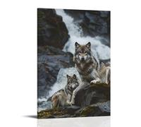 Artistic Wolves on The Stones by The Waterfall Canvas Poster Wall Art - Exquisite Wild Animals Painting, Sophisticated Decor for Bathroom Living Room Entryway Spot 08x12inch(20x30cm)
