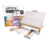 ARTISTIK 21-Piece Acrylic Wooden Easel Set - Adjustable Art Easel Stand with Acrylic Paints, Brushes, Canvas Boards & Oil Pastels - Complete Craft Art Painting Kit for Beginners & Artists
