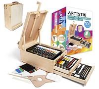 Artistik Complete Mixed Media Box Easel Art Set - 108-Piece Artist Paint Set with 2 Drawers - Wooden Desktop Easel Painting Kit for Drawing, Painting, and Sketching