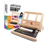 ARTISTIK Mixed Media Easel Art Set - 34-Pc Wooden Desktop Easel Box Art Kit with Acrylic Paints, 3 Canvas Boards & Oil Pastels - Beginners & Professional Arts & Crafts for Adults