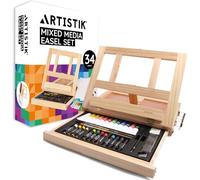 Artistik Mixed Media Easel Art Set - 34-Pc Wooden Desktop Easel Box Paint Set with Acrylic Paints, 3 Canvas Boards & Oil Pastels - Beginners & Artists Painting Kit