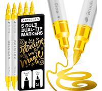 ARTISTRO 5 Gold Acrylic Paint Pens Dual-Tip Brush+Fine for Fabric & Rock | Water-Based, Quick-Dry & Low-Odour Art Supplies for All Surfaces, Craft Gift for Adults, Teens & Kids, Classroom Must-Haves