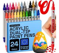 ARTISTRO Acrylic Paint Pens, Dual Tip Markers (Dot + Brush, 24) for Fabric, Canvas, Rock, Glass, Wood, Paper, DIY Projects