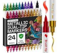 ARTISTRO Dual Tip Acrylic Paint Markers, Paint Pens - Easy for All Ages & Levels Acrylic Paint Pens for Fabric, Rocks, Paper, Wood, Canvas, Glass, DIY (Dual Tip Metallic, 24)