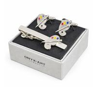 Artist's Palette Cufflinks and Tie Bar Set for Men - Onyx Art TBC04 Colour Enamel Paint Dots Cuff Links with Matching Tie Clip, Artist & Painter Novelty Gift, In Premier Life Packaging