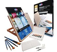Artists Premium Watercolour Gift Set Bundle - by Zieler® - A3 Table Top Easel, 24 Half Pan Watercolour Paint Set, 5 Fine Taklon Watercolour Brushes & A3 Watercolour Pad (300gsm)