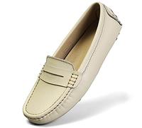 Artisure Women's Classic Comfort Leather Penny Loafers Casual Slip-Ons Lightweight Walking Flats Driving Mocs Boat Shoes, Beige, 5 UK