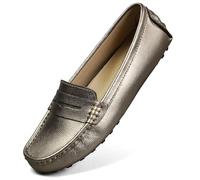 Artisure Women's Classic Comfort Leather Penny Loafers Casual Slip-Ons Lightweight Walking Flats Driving Mocs Boat Shoes Metallic Champagne 7
