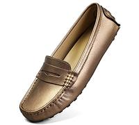 Artisure Women's Classic Genuine Leather Penny Loafers Driving Moccasins Casual Slip On Boat Shoes Fashion Comfort Flats, Metallic Rose Gold, 6.5 UK