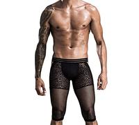 Artjosy Men Sexy Butt-Flaunting Long Boxer Underwear Low Rise Black Leopard Bottomless Gay Underpants Backless Men Knee-Length Leggings with Breathable Mesh Lace, Black, One Size