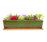 ARTKETTY 30cm Ceramic Succulent Plant Pots, Modern Long Rectangle Flower Plant Containers with Tray, Shallow Cactus Bonsai Window Box with Drainage for Indoor/Outdoor Home Decor(Green)