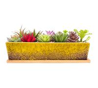 ARTKETTY 30cm Ceramic Succulent Plant Pots, Modern Long Rectangle Flower Plant Containers with Tray, Shallow Cactus Bonsai Window Box with Drainage for Indoor/Outdoor Home Decor(Yellow)