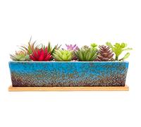 ARTKETTY 30cm Ceramic Succulent Plant Pots, Modern Long Rectangle Flower Plant Containers with Tray, Shallow Cactus Bonsai Window Box with Drainage for Indoor/Outdoor Home Decor(Blue)