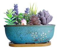 ARTKETTY Ceramic Succulent Plant Pots，20 CM Rectangular Bonsai Pot with Drainage Hole Small Glazed Flower Cactus Plant Container, Home Garden Window Box with Tray
