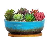 ARTKETTY Succulent Plant Pot - 20 CM Rectangular Planters for Indoor Plants Ceramic Bonsai Pot with Drainage Tray Small Flower Plant Pot Home Garden Window Box