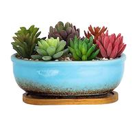 ARTKETTY Succulent Plant Pot - 20 CM Rectangular Planters for Indoor Plants Ceramic Bonsai Pot with Drainage Tray Small Flower Plant Pot Home Garden Window Box