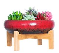 ARTKETTY Succulent Plant Pot - Large Bonsai Pot with Stand Shallow Cactus Plant Pot with Mess Drainage Screen, 25.4 CM Ceramic Flower Plant Container Bowl for Indoor/Outdoor (Red)