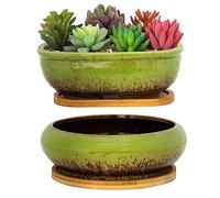 ARTKETTY Succulent Plant Pot - Large Ceramic Bonsai Pot with Drainage Tray, 1 Rectangle Planter + 1 Round Plant Pot for Indoor Cactus Flower Plants Decorative Garden Home