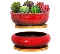 ARTKETTY Succulent Plant Pot - Large Ceramic Bonsai Pot with Drainage Tray, 1 Rectangle Planter + 1 Round Plant Pot for Indoor Cactus Flower Plants Decorative Garden Home