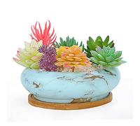 ARTKETTY Succulent Plant Pots, 18.5CM Large Bonsai Pot with Drainage Tray Marble Cactus Plant Pot Ceramic Pots for Indoor/Outdoor Flower Plants Shallow Planter Container Bowl for Home Office Decor