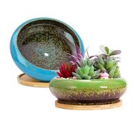 ARTKETTY Succulent Plant Pots, 2 PCS Large Bonsai Pot with Trays, Shallow Plant Pot Ceramic Pots for Indoor Cactus Flower Plants Decorative Garden Home Office