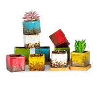 ARTKETTY Succulent Plants Pots, 5CM Ceramic Cactus Plant Pots with Drainage Tray Small Glazed Square Garden Pots for Cactus,Flower,herb Perfect for Windowsill or Desk Set of 5
