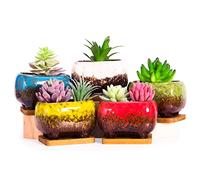 ARTKETTY Succulent Pots - 4.7 Inch Ceramic Succulent Planters Pots with Drainage Set of 5, Rectangular Bonsai Pots with Bamboo Trays Small Pots for Indoor Cactus Flower Plants for Home Office Decor