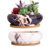 ARTKETTY Succulent Pots - 7.3 Inch Ceramic Bonsai Pots with Trays Set of 2, Large Succulent Plant Pots with Drainage Shallow Planters for Indoor Plants Marble Cactus Flower Plant Container Bowl