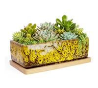 ARTKETTY Succulent Pots - 7 Inch Large Succulent Planters with Drainage Tray, Window Sill Planter, Long Rectangle Ceramic Pots for Indoor Cactus Plants Shallow Bonsai Window Box for Home Garden Decor