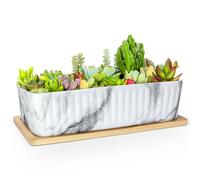 ARTKETTY Succulent Pots - Large Marble Succulent Planters with Drainage Tray, Window Sill Planter, Long Rectangle Ceramic Pots for Indoor Cactus Plants Shallow Bonsai Window Box for Home Garden Decor