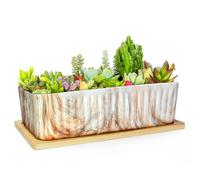 ARTKETTY Succulent Pots - Large Marble Succulent Planters with Drainage Tray, Window Sill Planter, Long Rectangle Ceramic Pots for Indoor Cactus Plants Shallow Bonsai Window Box for Home Garden Decor
