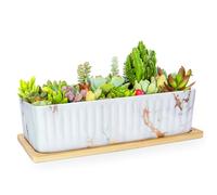 ARTKETTY Succulent Pots - Large Marble Succulent Planters with Drainage Tray, Window Sill Planter, Long Rectangle Ceramic Pots for Indoor Cactus Plants Shallow Bonsai Window Box for Home Garden Decor