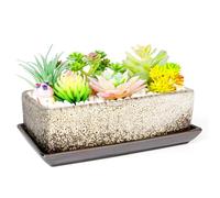 ARTKETTY Succulent Pots - Long Rectangle Succulent Planters with Drainage Tray, Window Sill Planter, Ceramic Pots for Indoor Cactus Plants Shallow Bonsai Window Box for Home Garden Decor