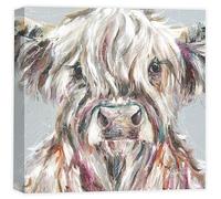 Artko Artistic Highland Cow Canvas Wall Art - 'Ada' by Nicola Jane Rowles - Farm Animal Themed Artwork - Ready to Hang Home Décor - 40cm x 40cm