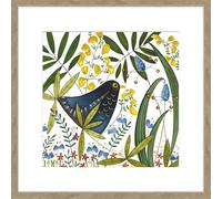 Artko Bird and Flowers Framed Print Wall Art - Ready to Hang Quirky Nature Themed Home Decor - 'Blackbird in Hedgerow' Painting by Linda Hoskin - 42 x 42cm Framed Picture