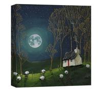 Artko Countryside Cottage Canvas Print Wall Art - 'Teal Glow' by Geoff Beckett - Moonlit Peaceful Animal Picture - Ready to Hang Home Décor - 30cm x 30 cm