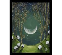 Artko Framed Wall Art Print, 32 x 42 cm, 'Raincatcher' by Geoff Beckett | Sheep & Moon Countryside Scene, Embellished Gold Finish, Rural Design, Black Framed Ready to Hang Artwork, Made in the UK