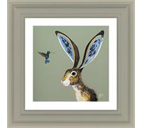 Artko Hare and Hummingbird Framed Print Wall Art - Ready to Hang Contemporary Animal Themed Home Decor - 'Luca Love' Painting by Quinn Russell - 39 x 39cm Framed Picture
