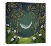 Artko Sheep and Trees Canvas Print Wall Art - 'Raincatcher' by Geoff Beckett - Moonlit Countryside - Peaceful Nature Picture - Ready to Hang Home Décor - 30cm x 30 cm