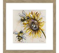 Artko Sunflower and Bee Framed Print Wall Art Artwork - Ready to Hang Contemporary Floral Themed Home Decor - 'Busy Bees' Painting by Ashley Saunders - 26 x 26cm Framed Picture