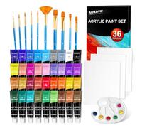 ARTKUNST 50 Pack Acrylic Paint Set, 36 Colours Acrylic Paint (12ml) with 10 Brushes 3 Canvas 1 Palette, Complete Set for Kids, Adults Painting on Canvas Rocks Wood Ceramic