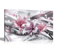 Artley Prints - Abdstract Pink Silver Lily Flowers Canvas Wall Art For Living Room, Bedroom, Hallway Prints Décor Ready to Hang 51 x 35cm (20 x 14 inches)