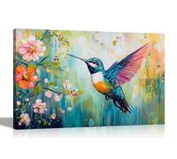 Artley Prints - Abstract Floral Flying Hummingbird Canvas Prints For Living Room, Botanical Wall Art Pictures Ready to Hang 40 x 30cm (16 x 12 inches) A3