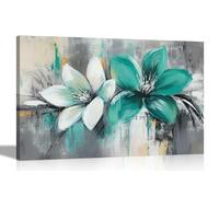 Artley Prints - Abstract Graffiti Style Teal White Flowers Canvas Wall Art Prints Garden Decoration Home Office Bedroom Pictures Extra Large 101 x 76cm (40 x 30 inches)