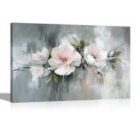 Artley Prints - Abstract Pink and White Flowers Grey Background Canvas Wall Art Pictures For Living Room, Bedroom, Hallway Prints 60 x 40cm (24 x 16 inches) A2